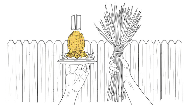 Hand drawn lulav and etrog against wooden fence for sukkot celebration
