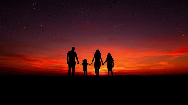 Family of three holding hands at sunset silhouette.