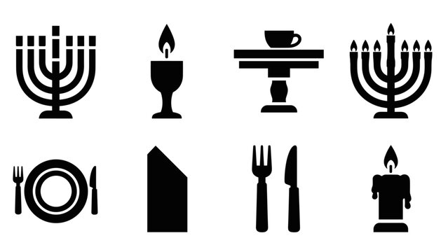 Silhouette dining and holiday symbols featuring menorah, festive tableware, and candle