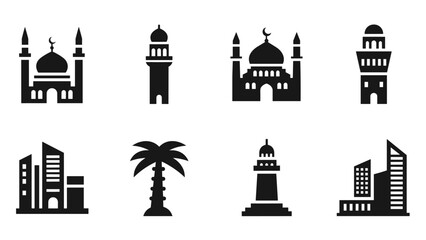Fototapeta premium Simple silhouette icons of middle eastern architecture and landmarks