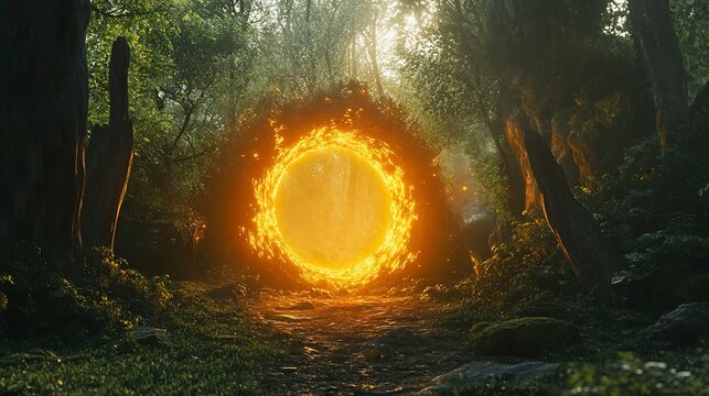 Fire portal in a forest with trees and light during daytime leading to unknown destination