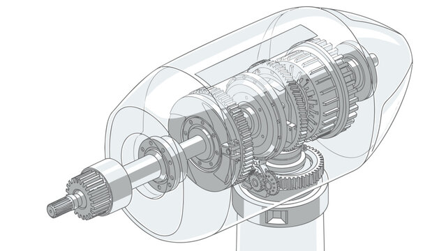 Detailed mechanical gearbox assembly with transparent casing and rotating shaft in industrial setting