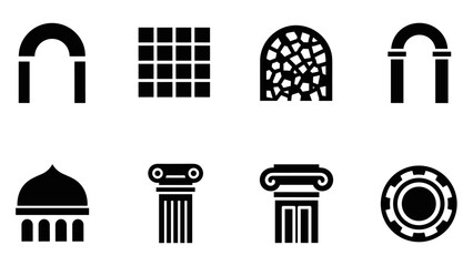 Architectural icon set: minimalist black and white symbols of classic structures
