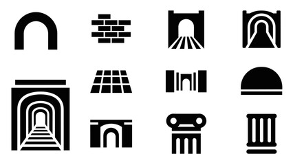 Architectural icons set: vaults, columns, domes, and arches in black and white