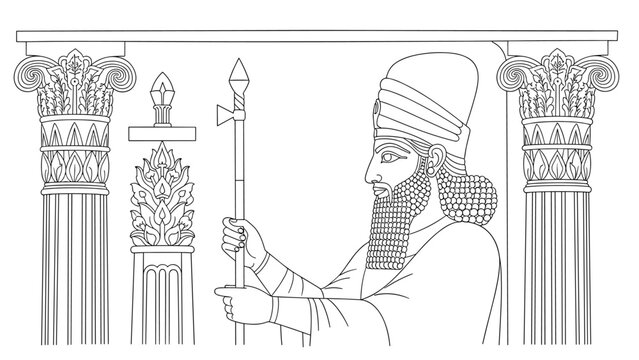 Ancient mesopotamian king with columns and staff in detailed black and white line art