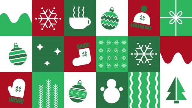 Winter Geometric Square Pattern. Animation with Winter Elements. Christmas Abstract Moving Background. Banner. Christmas Ball, Snowflake, Hat, Glove, Sock, Snowman, Cup. Video in Green, Red, White