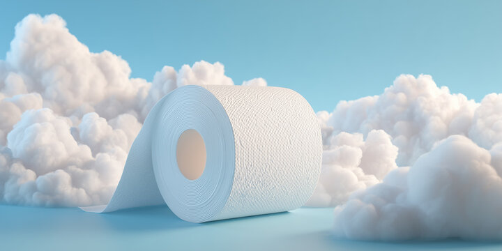 white toilet paper roll unspooling into soft fluffy clouds as a concept for stress relief and letting go against a clean pastel blue background.