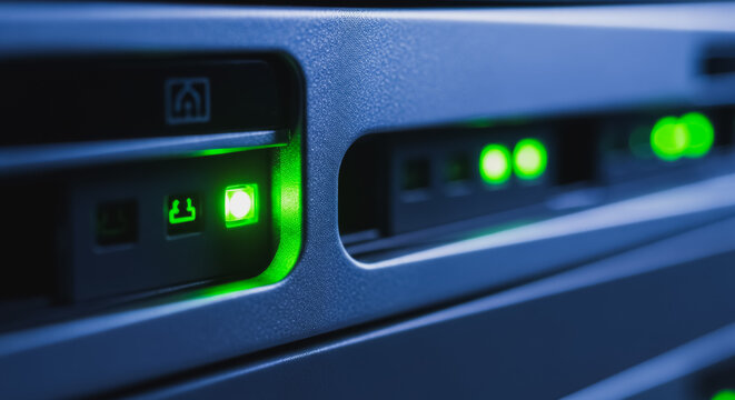 Close-up of Bright Green LED Status Indicator Lights on a Working Server Rack. Data Center, Network Infrastructure, Connectivity, Technology, IT Operation, and Computing Background.