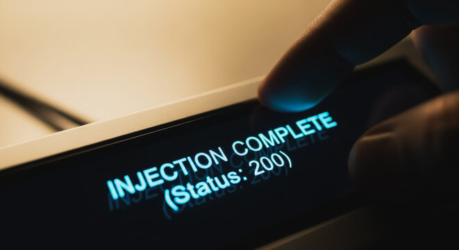 "INJECTION COMPLETE (Status: 200)" message displayed on a screen. Conceptual image for successful data deployment, hacking, SQL injection attack success, IT operation confirmation, or successful syste
