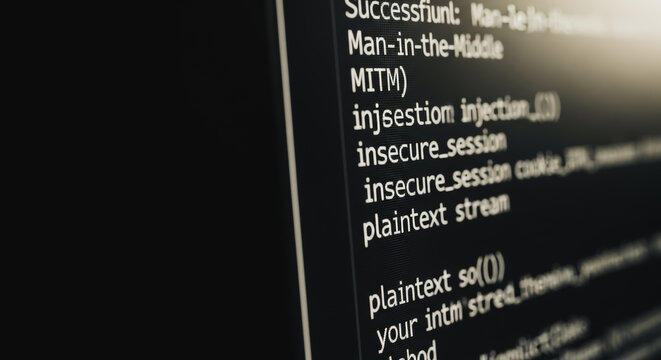 Close-up of computer screen showing Man-in-the-Middle (MITM) attack code, plaintext stream, and insecure session data, representing hacking, cyber security threat, and digital vulnerability