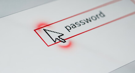 Mouse Cursor Pointing to "Password" Login Input Field on Digital Screen, Highlighting Cybersecurity, Authentication, Data Protection, Access Control, and Secure Online Identity.