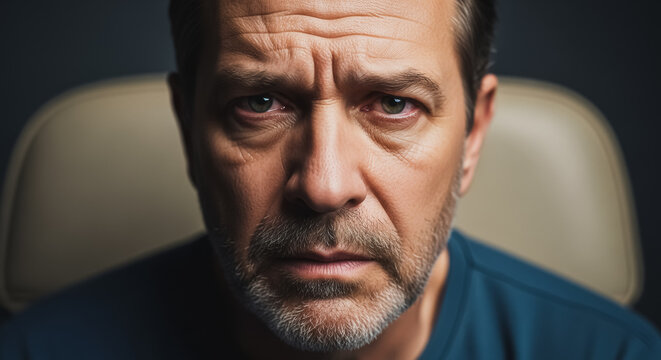 Intense close-up portrait of a worried middle-aged man with furrowed brows and troubled eyes, dramatic lighting emphasizing stress, anxiety, and sadness, mental health crisis concept.