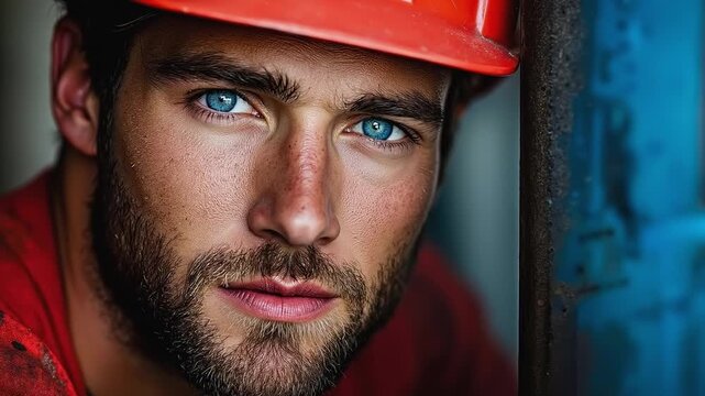A man wearing a red hard hat looking at the camera