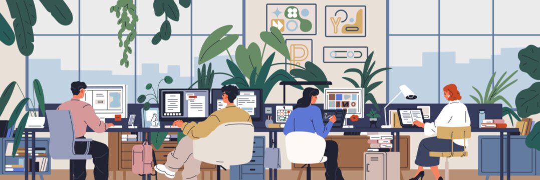 Office interior workspace. People at computer desks in modern open space workplace. Corporate work environment, business team, employees sitting at tables, back view. Flat vector illustration