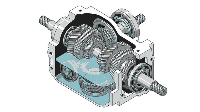 Cutaway view of a complex gearbox mechanism with interlocking gears and shafts