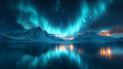 northern lights in night starry sky against background of mountains and lakes
