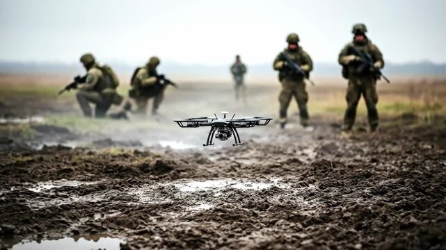 Military drone flying over muddy ground with soldiers, modern warfare scouting and aerial surveillance security footage