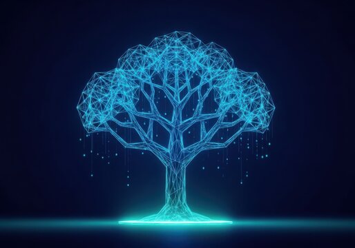 Digital tree with glowing blue branches and leaves, futuristic technology concept, abstract nature illustration
