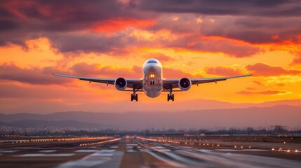 Naklejka premium An airplane gracefully ascends into the colorful sunset sky departing from the runway. The scene captures the transition from day to night with beautiful hues.
