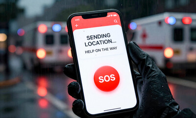 Naklejka premium Smartphone displaying emergency SOS application held by gloved hand with blurred ambulance in rainy background