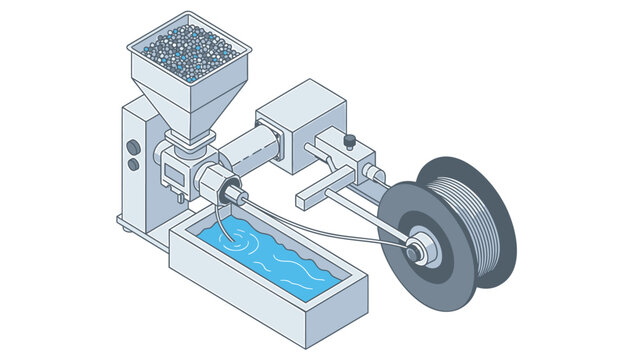 Industrial machine extrudes plastic filament from spool with blue molten material
