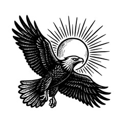 Obraz premium Majestic eagle soaring in front of radiant sunburst design in black and white.