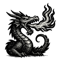 Fototapeta premium Fire-breathing dragon illustration with intricate details in black and white.
