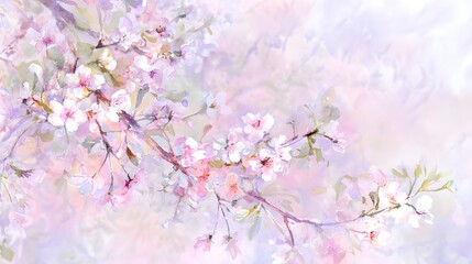 Fototapeta premium Spring cherry tree illustration delicate pink flowers soft sunlight airy garden scene artistic beauty