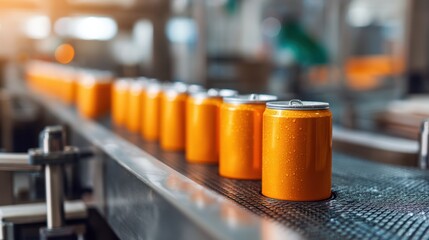 Orange cans on conveyor belt in factory. Drink beverage manufacturing process. Industrial production line technology.