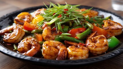 Fototapeta premium Shrimp stir fry with fresh green onions and vegetables on a dark plate. Healthy asian cuisine for restaurant menu. Gourmet dining concept.