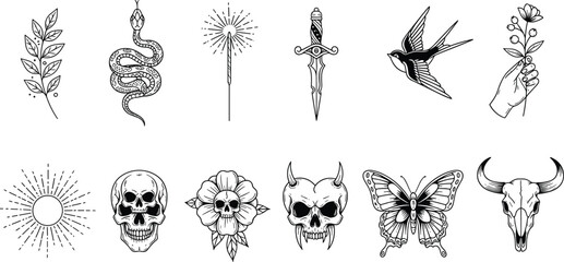 Obraz premium Black and White Tattoo Flash Art Vector Set Featuring Skulls Snake Dagger Butterfly Sun Moon and Floral Symbols for Graphic Design