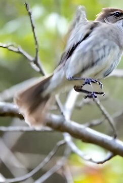 A small bird perches on a bare branch with blurred greenery in the background