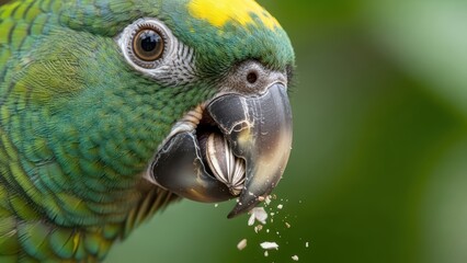 Obraz premium Close-up of green and yellow parrot eating sunflower seeds with detailed feather texture