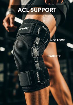 Knee brace with hinge lock providing ACL support and stability for athlete during gym workout session