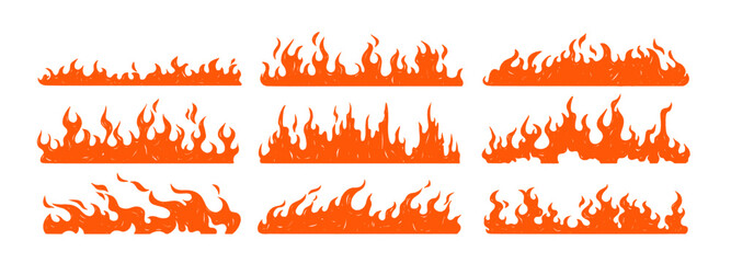 Fototapeta na wymiar Hot burning fire flame borders set. Horizontal glowing fiery blazes, orange textured patterns, decorations. Crayon drawing shapes, elements, heat. Flat vector illustration isolated on white background