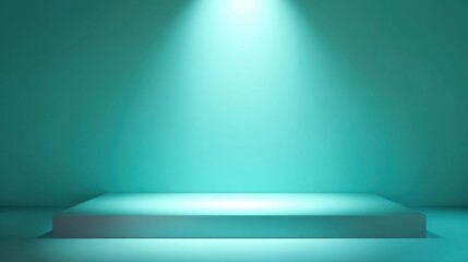 Empty square stage lit by bright spotlight on a teal background. Product presentation display stand for advertising and marketing.