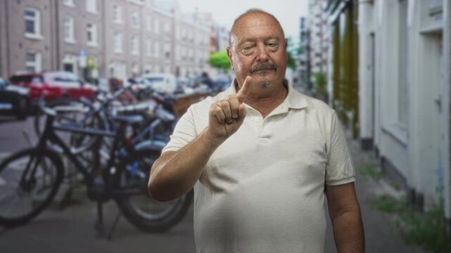 Man pointing index finger beside parked bicycles on a city street lined with brick row houses near sidewalk; warning.