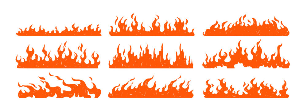 Hot burning fire flame borders set. Horizontal glowing fiery blazes, orange textured patterns, decorations. Crayon drawing shapes, elements, heat. Flat vector illustration isolated on white background