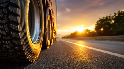 Truck tire close up on asphalt road at sunset. Transport logistics and delivery concept for long haul trucking business.