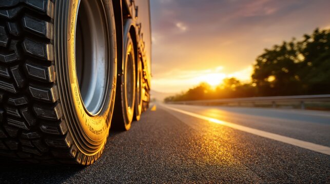 Truck tire close up on asphalt road at sunset. Transport logistics and delivery concept for long haul trucking business.