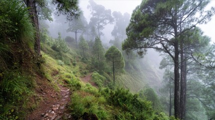 Fototapeta premium A winding trail leads through a dense misty forest in the mountains. Tall trees lush grass and fog create a serene and tranquil atmosphere early in the morning.