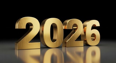 Three dimensional golden numerals signify the year twenty twenty six against a dark backdrop.