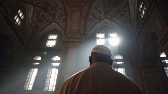 Man praying and praising God inside a historic, illuminated mosque with intricate architectural details and natural light streaming through stained glass