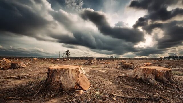 Deforestation: A stark depiction of environmental destruction, showcasing the aftermath of deforestation, with tree stumps dominating the landscape beneath a menacing, stormy sky.
