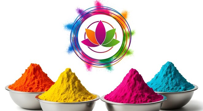 Vibrant holi colors in bowls with logo