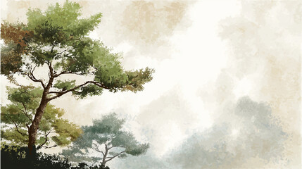 和紙の質感と松の木の水彩画背景・霧の中に浮かぶ情緒的な和風デザイン