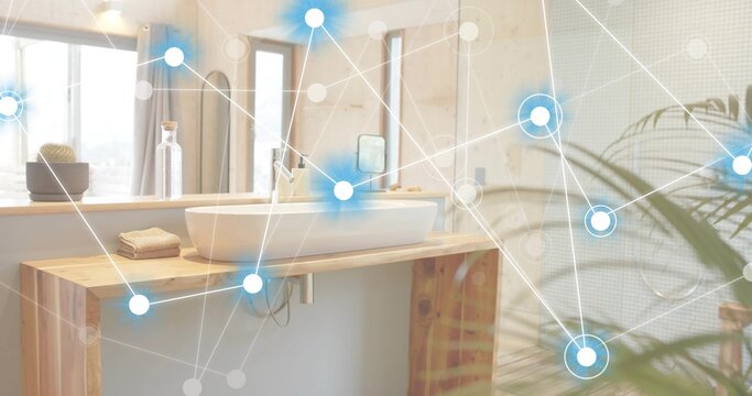 Showcasing white oval vessel sink sitting on natural wood vanity in bathroom, with digital overlay