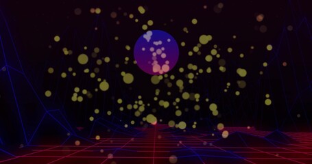 Hovering purple pink orb glowing above red grid in synthwave landscape with floating yellow lights