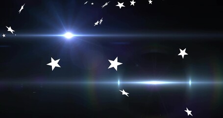 Obraz premium Glowing white five-point stars radiating across black backdrop with bluish flare and streaks