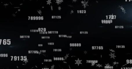 Floating midsize white number cluster creating depth on dark screen, with snowflakes and streaks